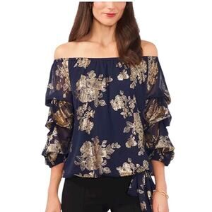 MSK Off Shoulder Top Size S Navy Blue Silver Floral Foil Party Going Out NWT